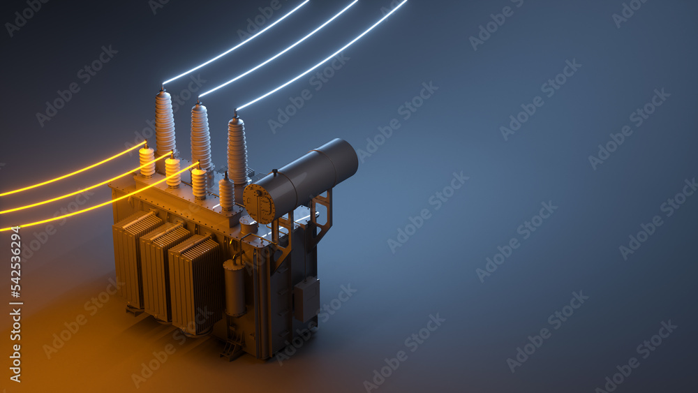Electric transformer on a dark background with neon glowing wires. Template with copy space for electrical theme. 3d render - obrazy, fototapety, plakaty 