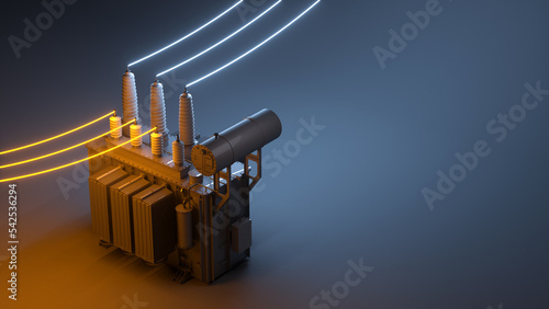 Electric transformer on a dark background with neon glowing wires. Template with copy space for electrical theme. 3d render photo