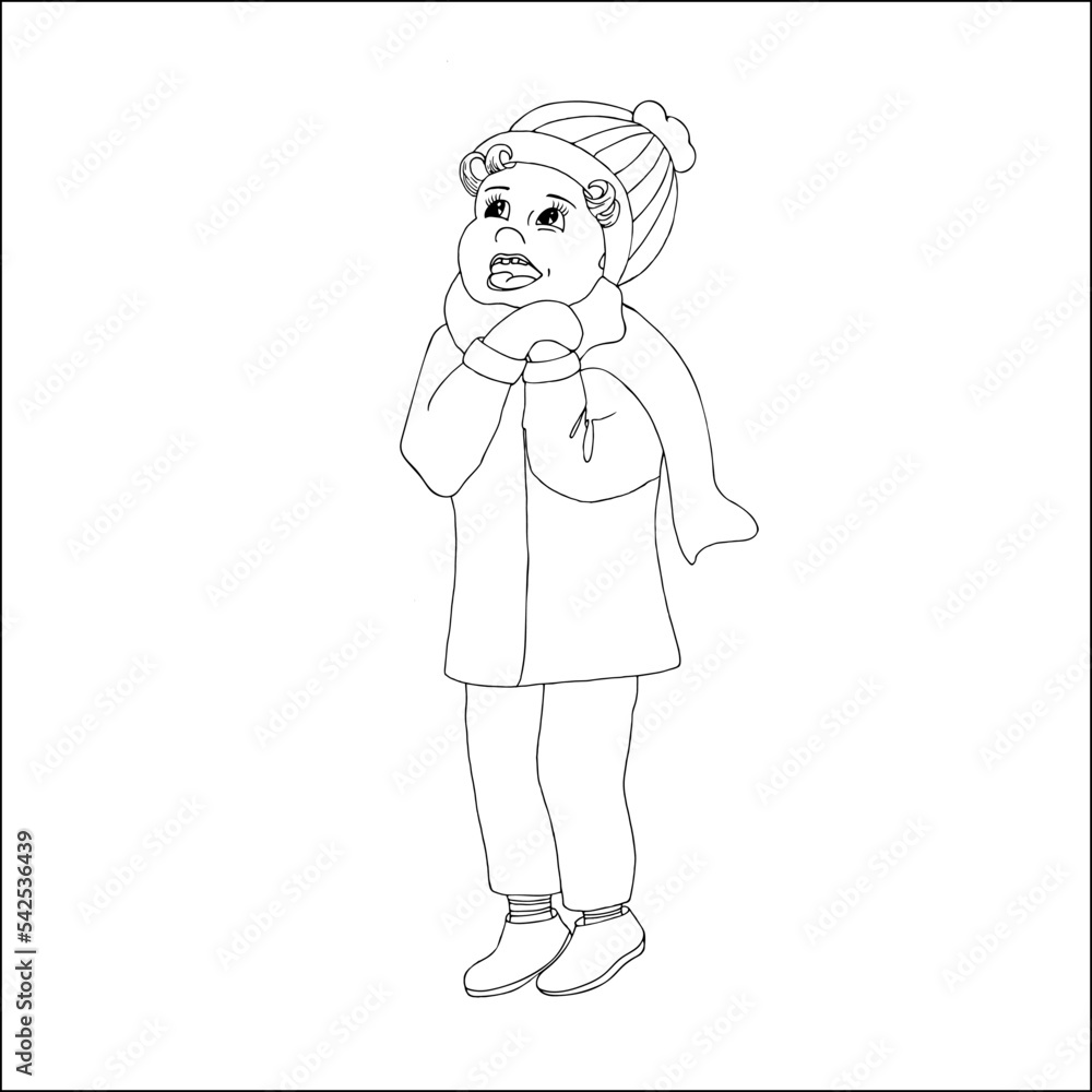 Cute little girl in winter coat and mittens. Smiling girl looks up. Hand drawn doodle illustration. Cute little girl in winter coat and mittens. Smiling girl looks up. Hand drawn doodle illustration.