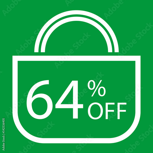 64 percent off. Green banner with shopping bag illustration.
