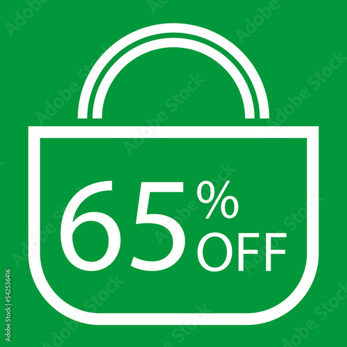 65 percent off. Green banner with shopping bag illustration.