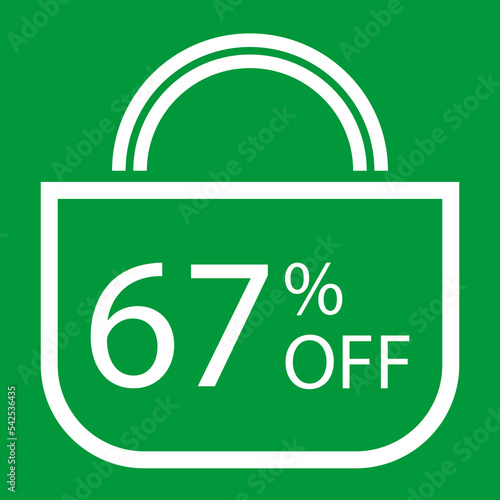 67 percent off. Green banner with shopping bag illustration.