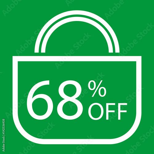 68 percent off. Green banner with shopping bag illustration.