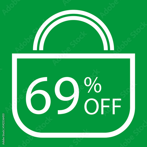 69 percent off. Green banner with shopping bag illustration.
