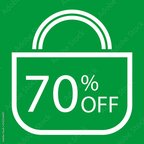 70 percent off. Green banner with shopping bag illustration.