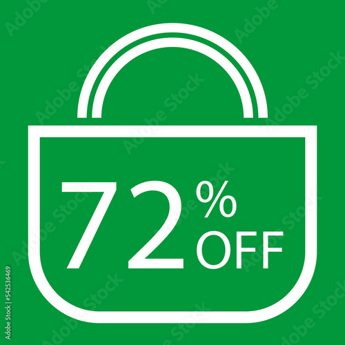 72 percent off. Green banner with shopping bag illustration.