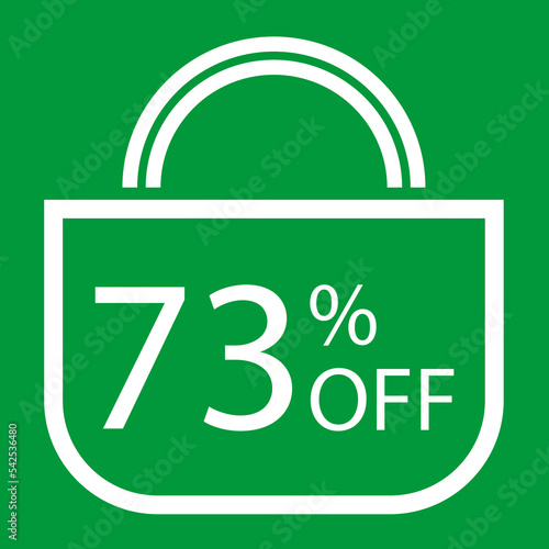 73 percent off. Green banner with shopping bag illustration.
