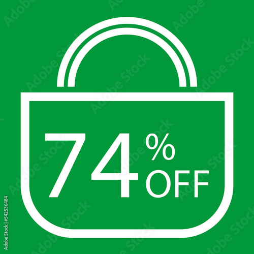 74 percent off. Green banner with shopping bag illustration.