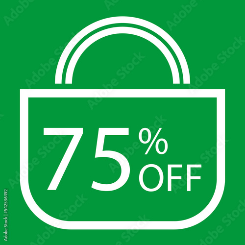 75 percent off. Green banner with shopping bag illustration.