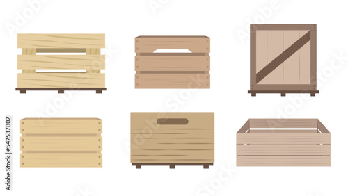 Set of wooden boxes in cartoon style. Vector illustration of boxes for storing things, vegetables, fruits on white background.