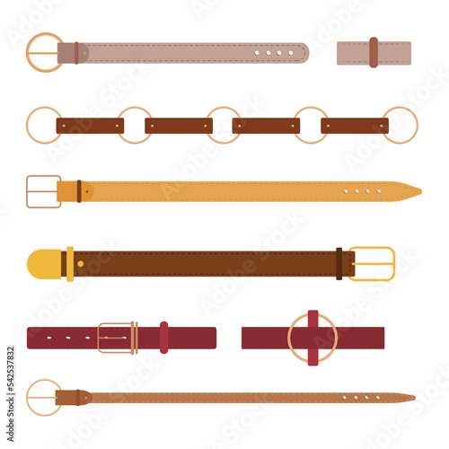 Set of colorful belts in cartoon style. Vector illustration of fashionable leather belts for men and women on white background.
