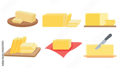 Set of butter in cartoon style. Vector illustration of homemade butter cut into slices on a board with a knife on white background.