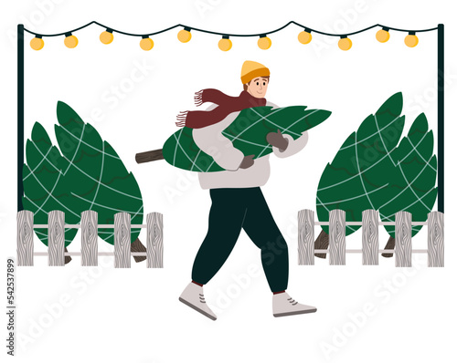 Happy guy carry christmas tree, prepare to celebrate Xmas and New Year. Flat  vector illustration isolated on white background.
