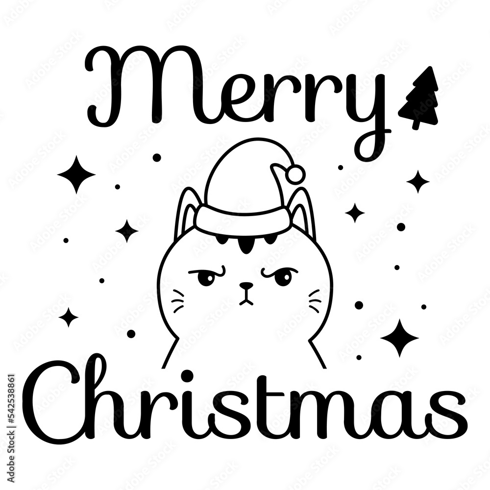 Funny cartoon cat with Santa Claus hat. Black and white coloring page ...