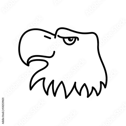 Eagle emblem on white background. American symbol of freedom. The head of an eagle with a menacing look. Bird predator in the style of contour graphics. Profile of an eagle with a massive beak.