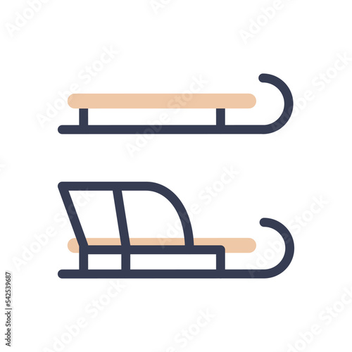 Children's sledges in various forms. Vehicle for children in the winter season. Sled for fun fast games on snow slides. Metal skids and wooden seat. Comfortable sled with and without back.
