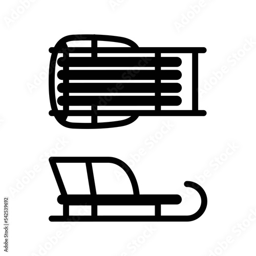 Sledge silhouette in various forms. Vehicle for children in the winter season. Sled for fun fast games on snow slides. Metal skids and wooden seat. Comfortable sled with backrest.