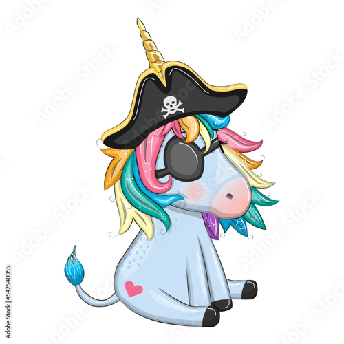 Cute cartoon unicorn wearing a pirate hat and eye patch. Summer, sea, palm, beach
