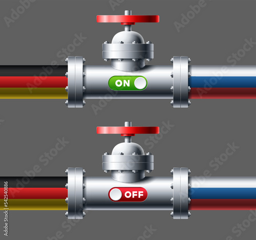 Set steel pipelines with sliders turn on and turn off and flags Russia and Germany vector illustration