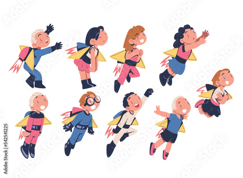 Happy Children with Jetpack Flying Propelling Through the Air Vector Set © topvectors