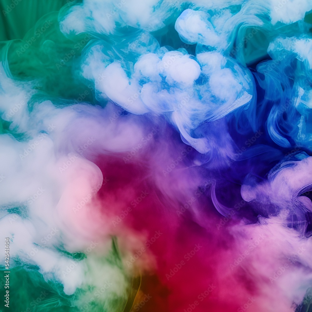 abstract colorful background, colorful smoke, primary colors of blue, green, and purple.