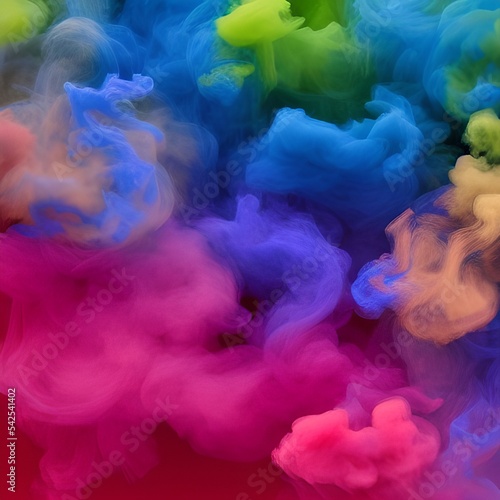 abstract colorful background, colorful smoke, primary colors of blue, pink, and orange.