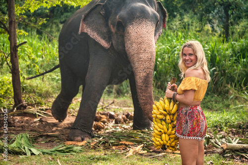 Happy smiling woman feeding an elephant bananas in countryside Sri Lanka, looking at camera. Lady tourist holding bananas in hands posing at elephant background. Travel vacation concept. Copy space