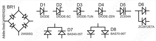 Vector icons of electronic components of the electrical circuit. Diode, diode bridge, diode schottky, varicap, zener. Conditional graphic
designation of an electronic device. photo