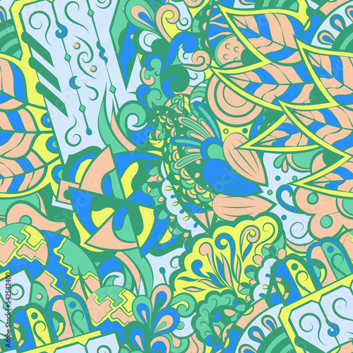 Tracery seamless pattern. Mehndi design. 6 colors. Ethnic doodle texture. Curved doodling background. Vector