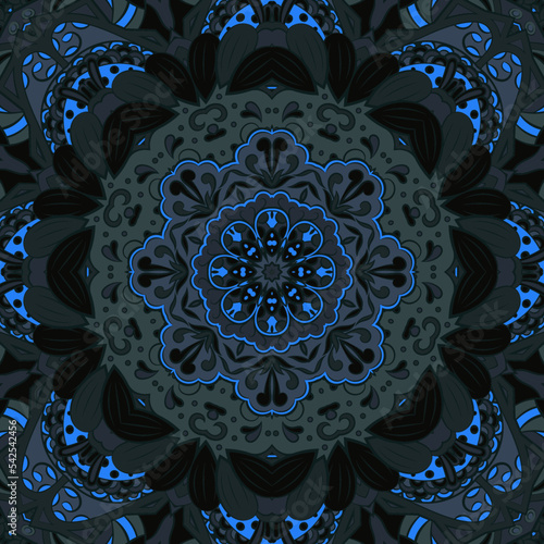 Seamless tile texture. Tracery mehndi design image. Dark toxic colors. Ethnic doodle art. Curved doodling picture. Vector