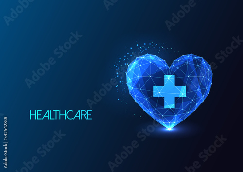 Health care, medicine concept with medical cross inside of heart symbol in futuristic glowing style