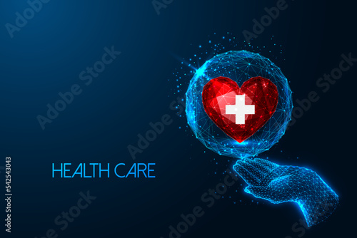Concept of Healthcare, medical services with hand holding abstract sphere and red heart with cross