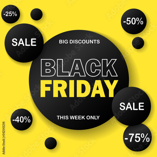 Black friday big discounts yellow and black abstract sale banner. Vector illustration.