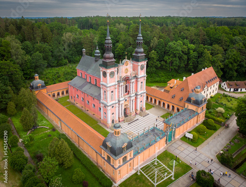 Marian Sanctuary - Świętolipska basilica of the Visitation of the Blessed Virgin Mary - the village of Święta Lipka in Warmia and Mazury in Poland. Aerial view.