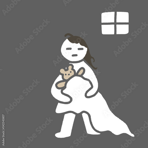 眠い人物のイラスト　女性　ぬいぐるみ　睡眠不足 就寝　眠たい　昼寝　アジア人　黒髪