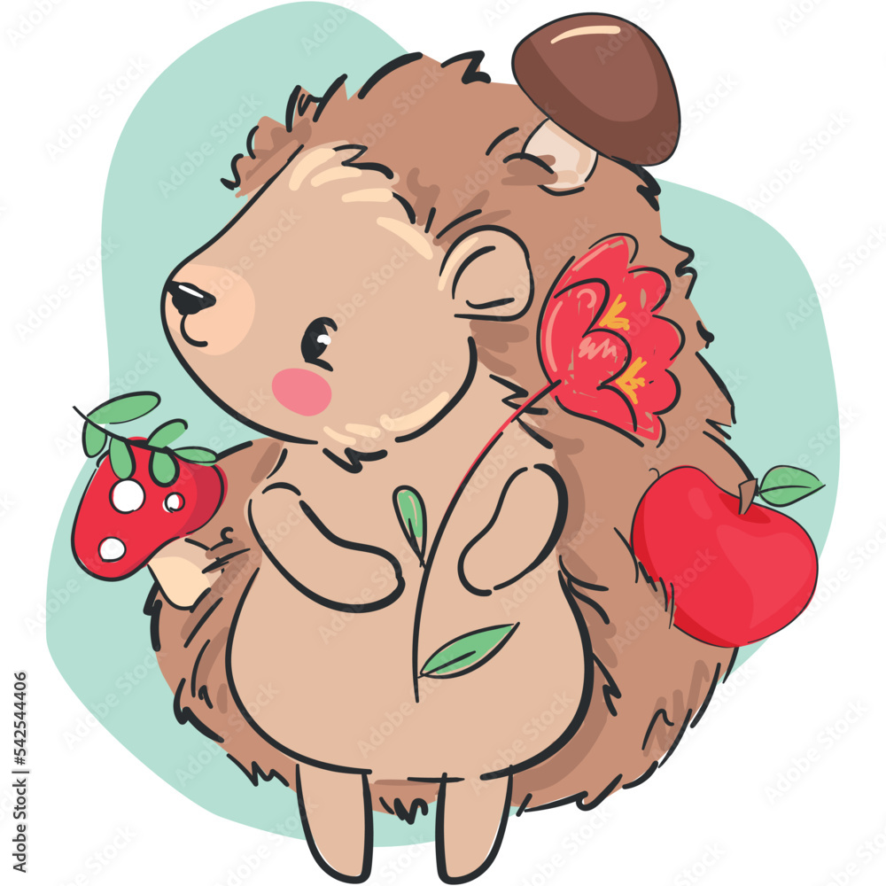 Hand drawn Cute baby Hedgehog with red apple and mushrooms. Kawaii illustration, Woodland Kids Print Design Vector Hand drawn Cute baby Hedgehog with red apple and mushrooms. Kawaii illustration, Woodland Kids Print Design Vector