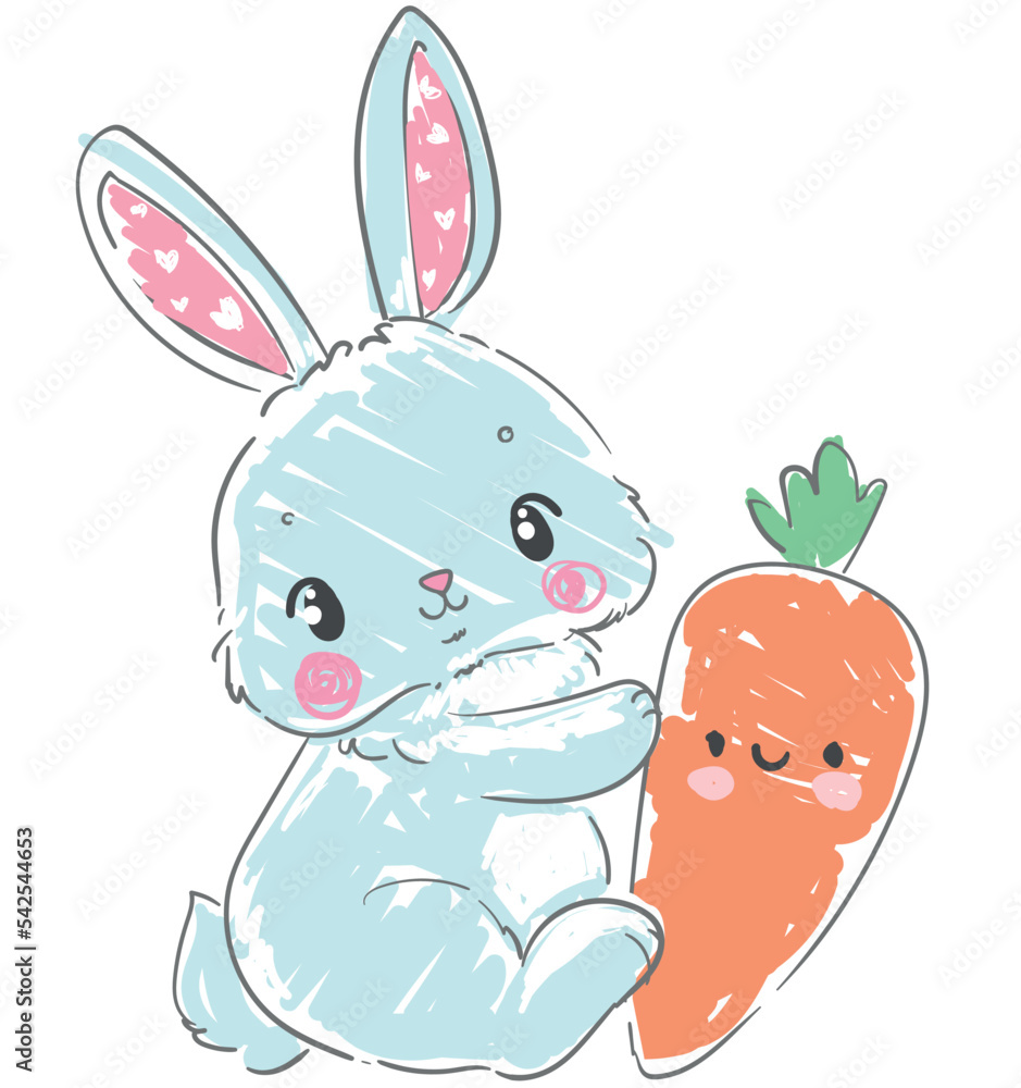 Rabbit with carrot Hand drawn isolated on white background Cute Bunny ...