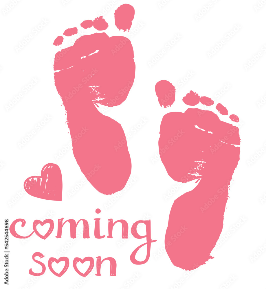 Hand drawn Cute Baby girl footprints on the pink heart background