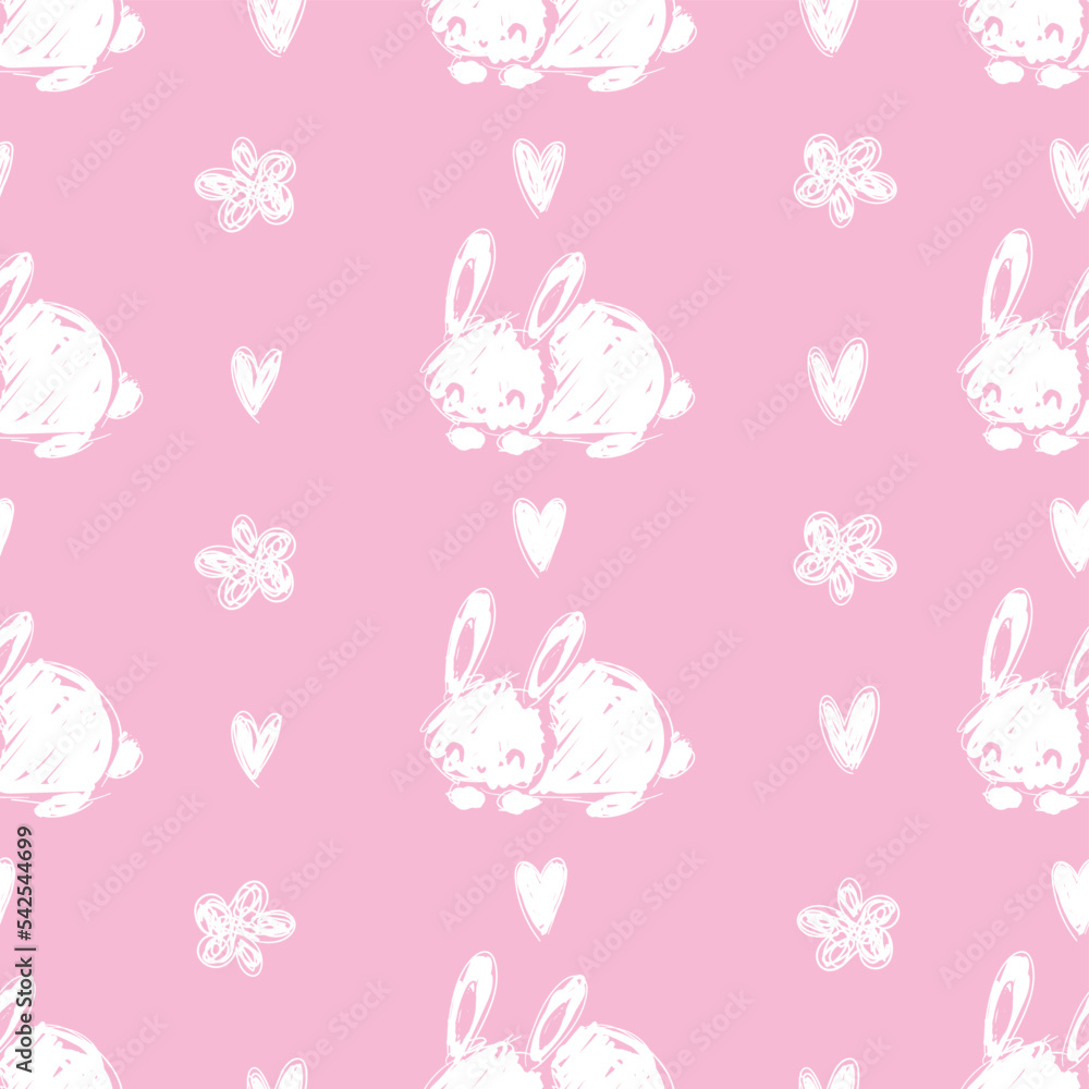 Cute hand drawn White Bunnies on the pink background design vector seamless pattern kids print textiles Cute hand drawn White Bunnies on the pink background design vector seamless pattern kids print textiles