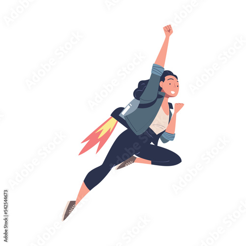 Happy Woman Character with Jetpack Flying Propelling Through the Air Vector Illustration