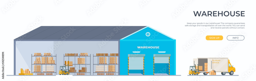 Vector illustration of a warehouse of goods inside a building. Flat ...