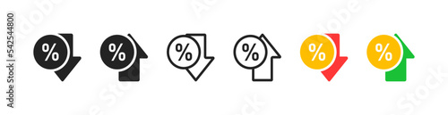 Increase percentage icon on white background. Inflation and devaluation concept. Percentage, arrow, coin, growth, infographic falling signs. Banking, business symbol. Flat design.