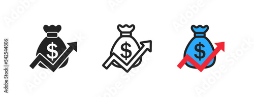 Money increase, profit icon. Business success concept. Arrow, coin, growth signs. Banking, growing sales, economic inflation, dollar, financial earnings symbols. Flat design.