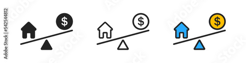 Home and money icon on white background. Imbalance between family and business. Choice between home and work symbol. Coin, dollar, house signs. Balance of life. Flat design.