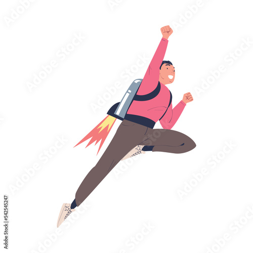 Happy Man Character with Jetpack Flying Propelling Through the Air Vector Illustration