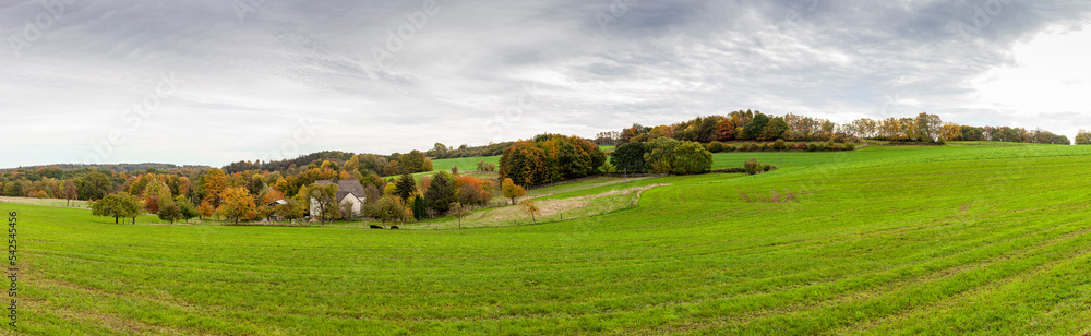 Farm house in the middle of a huge green field. Panoramic rural autumn landscape in North Rhine Westphalia in Germany.