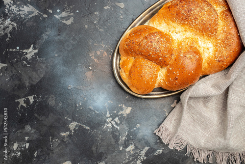 challah. Traditional Jewish Shabbat ritual. Shabbat or Shabath concept. Long banner format. top view photo