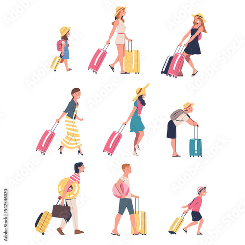 People Characters with Suitcases Going on Summer Vacation Having Journey Vector Set