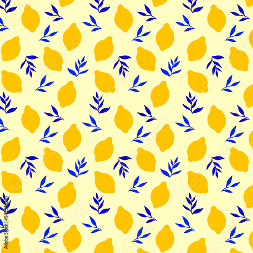 Plakat Yellow lemon pattern with blue leaves