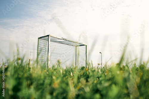 Football goal in grassy field